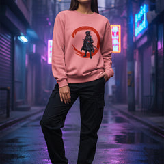 Pink sweatshirt with a graphic of a warrior in a red circle on a white background