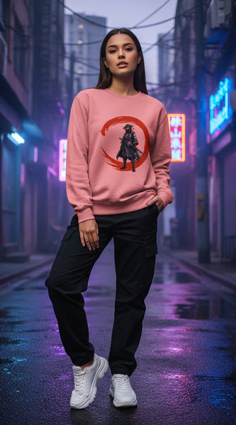 Pink sweatshirt with a graphic of a warrior in a red circle on a white background