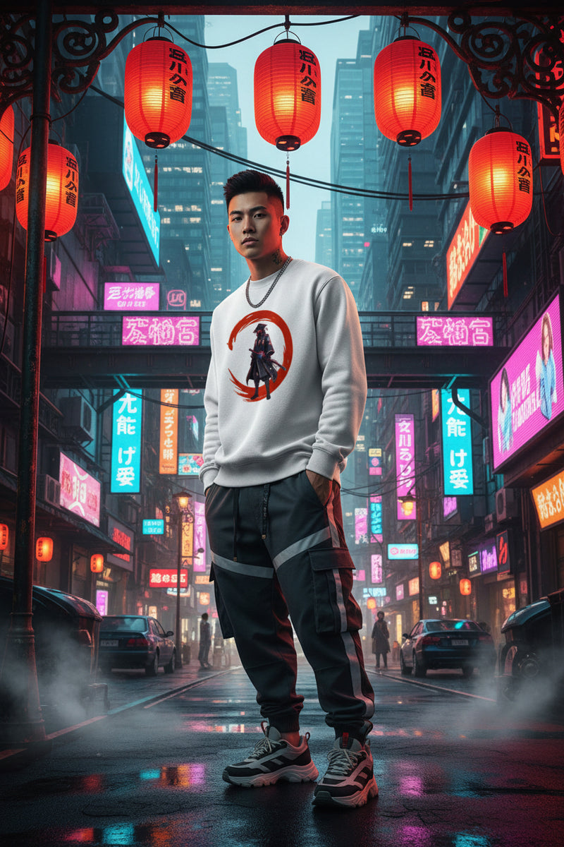 White sweatshirt with a graphic of a character in a red circle on a white background