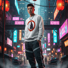 White sweatshirt with a graphic of a character in a red circle on a white background