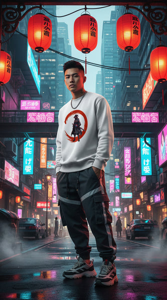 White sweatshirt with a graphic of a character in a red circle on a white background