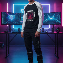 Black and white long-sleeve shirt with a tiger graphic and 'Tiger' text on a white background