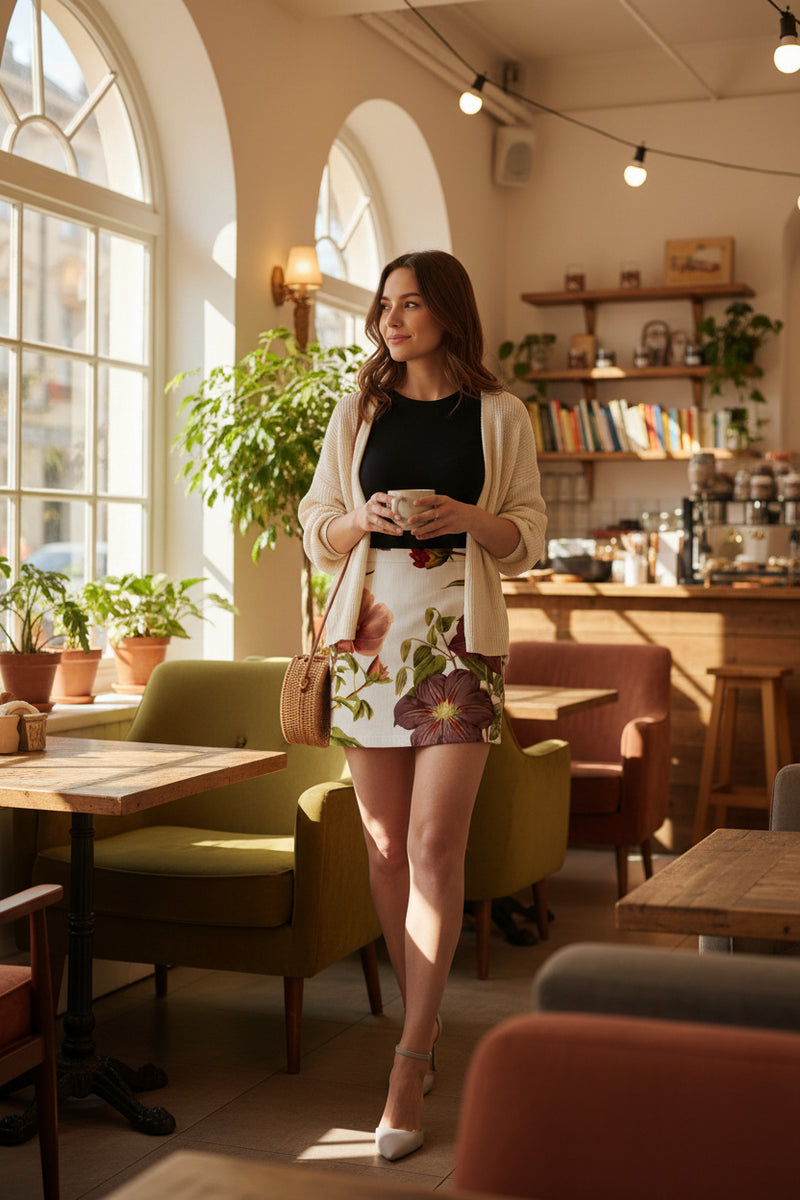 Person wearing a floral skirt with a white background