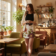 Person wearing a floral skirt with a white background