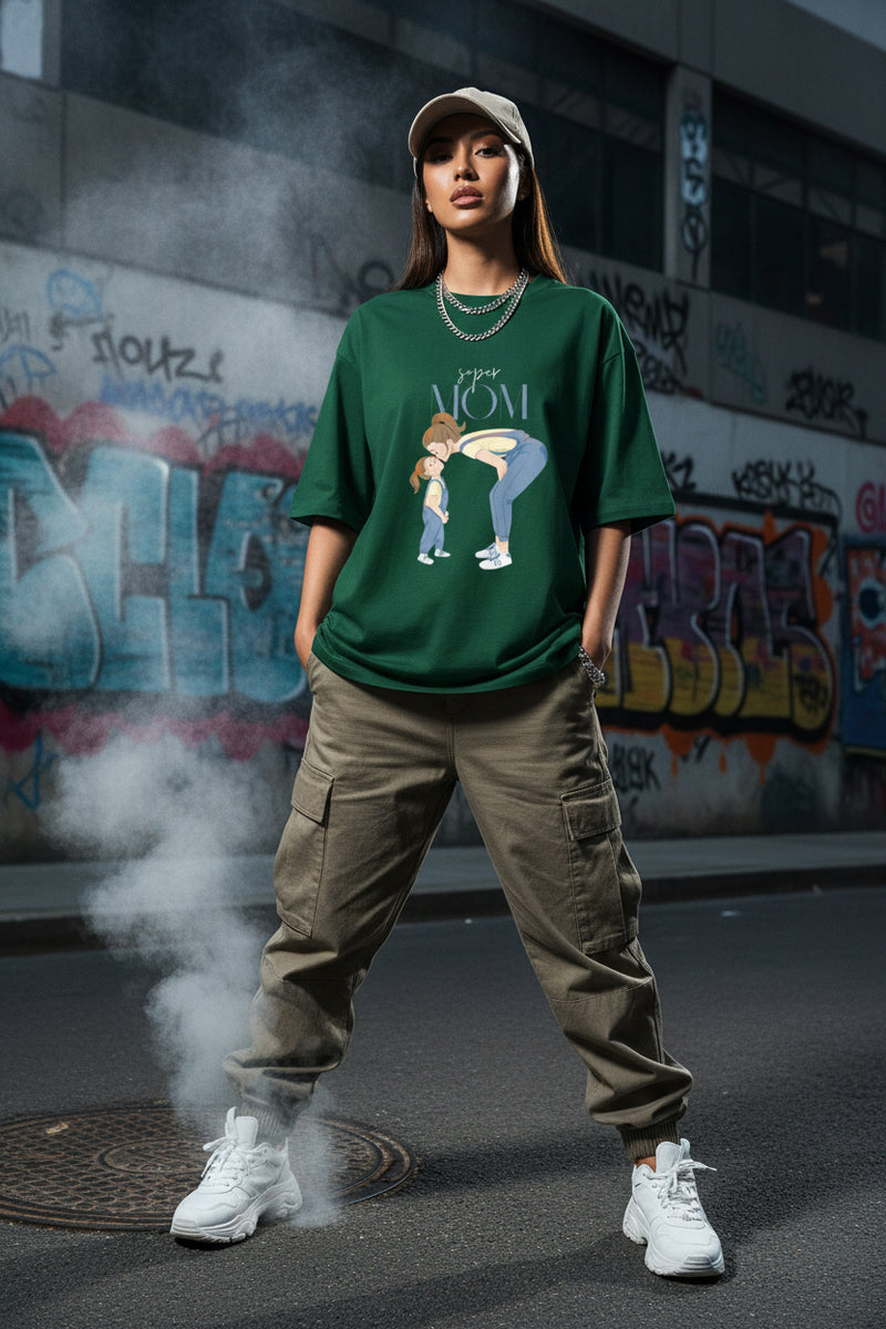 Green t-shirt with a graphic of a mother and child and 'Super Mom' text on a white background