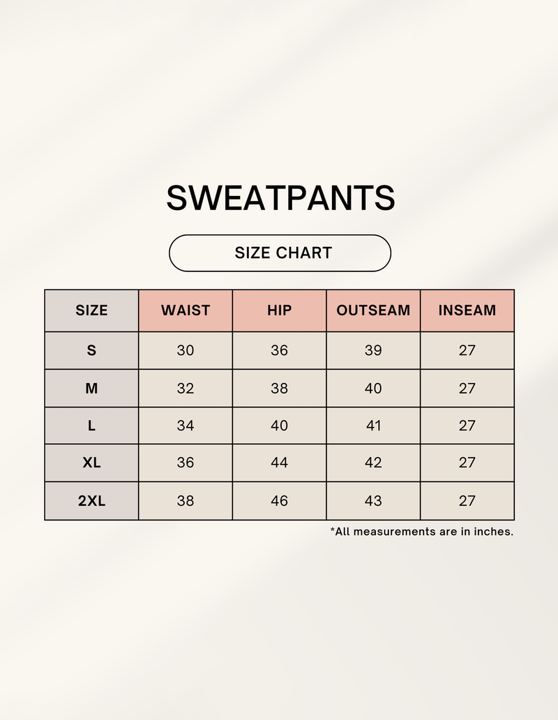 Sweatpants size chart with measurements in inches on a white background