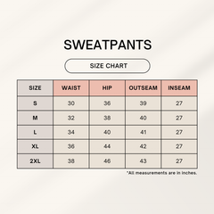 Sweatpants size chart with measurements in inches on a white background