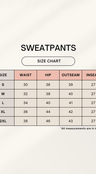 Sweatpants size chart with measurements in inches on a white background