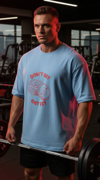 Light blue t-shirt with red graphic and text on a white background