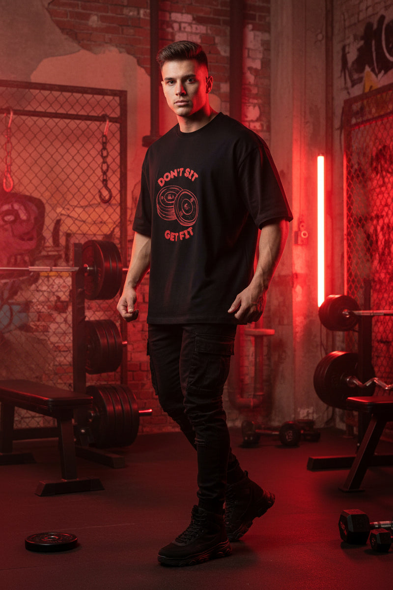 Black t-shirt with red graphic and text on a white background