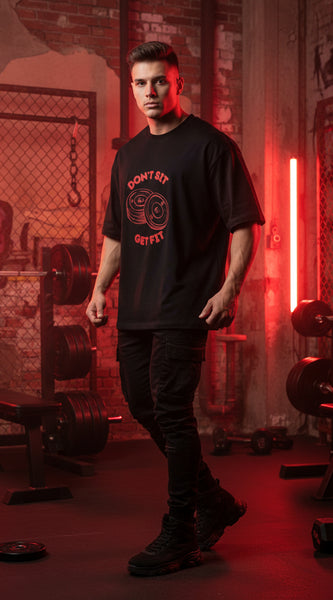 Black t-shirt with red graphic and text on a white background