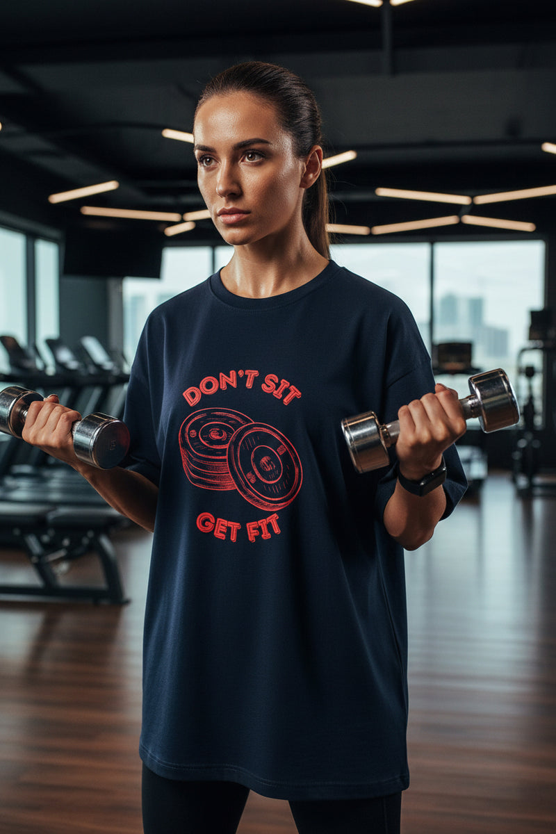 Blue t-shirt with red graphic and text on a white background