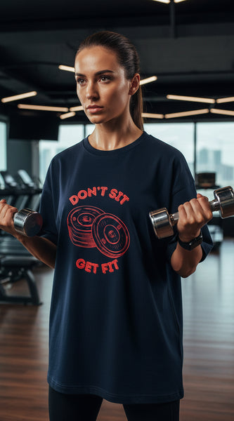 Blue t-shirt with red graphic and text on a white background