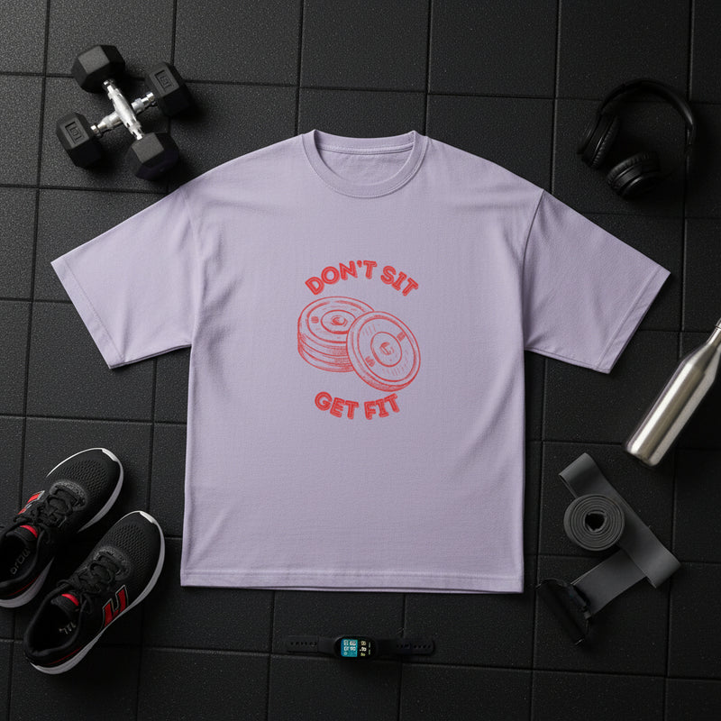 Light purple t-shirt with red graphic and text on a white background