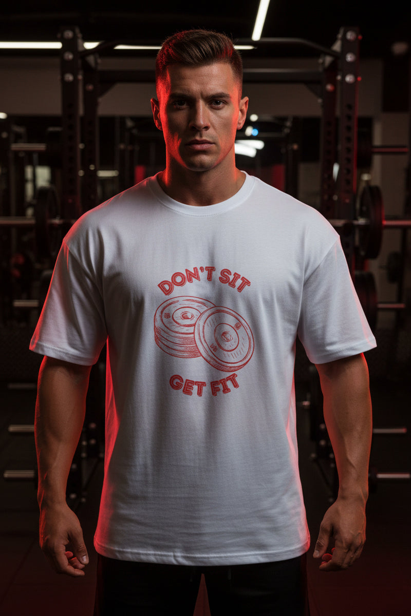 White t-shirt with red graphic and text 'Don't Sit, Get Fit' on a white background