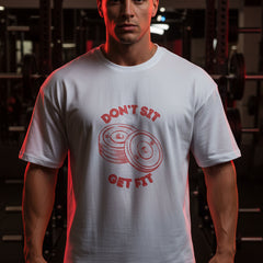 White t-shirt with red graphic and text 'Don't Sit, Get Fit' on a white background