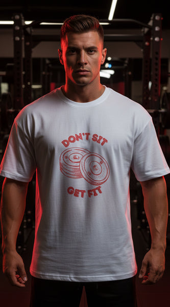 White t-shirt with red graphic and text 'Don't Sit, Get Fit' on a white background