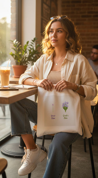 Tote bag with floral design and text held by a hand on a light background