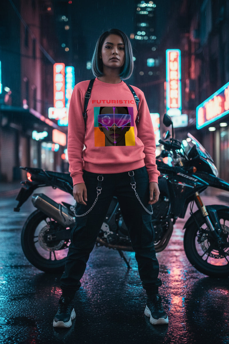 Pink sweatshirt with a graphic design of a face wearing sunglasses and the word 'FUTURISTIC' on a white background.