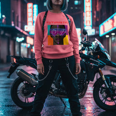 Pink sweatshirt with a graphic design of a face wearing sunglasses and the word 'FUTURISTIC' on a white background.