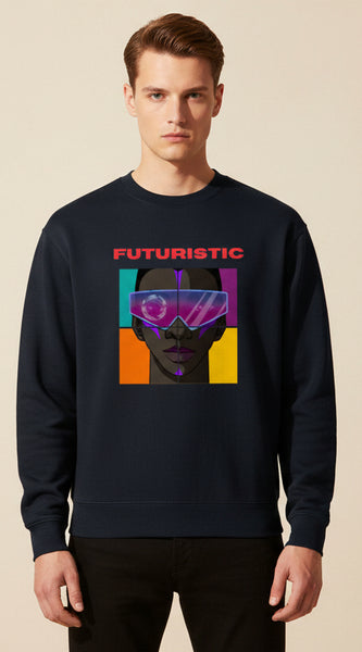 Black sweatshirt with a graphic of a person wearing goggles and the word 'FUTURISTIC' on a white background