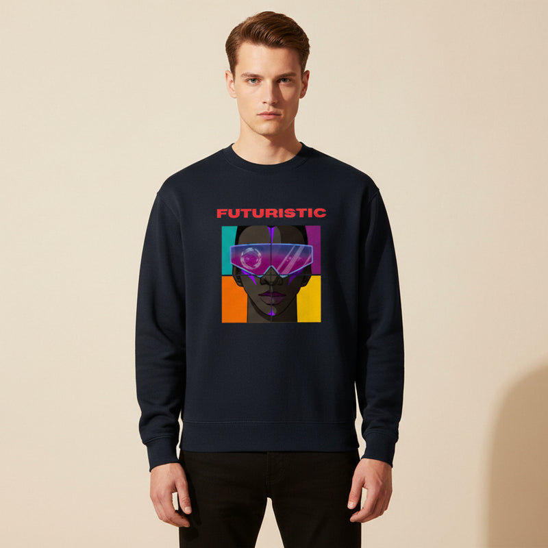 Black sweatshirt with a graphic of a person wearing goggles and the word 'FUTURISTIC' on a white background