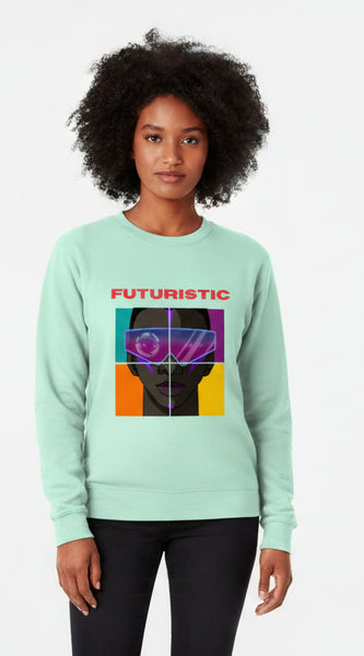 Mint green sweatshirt with a graphic design and the word 'FUTURISTIC' on a white background