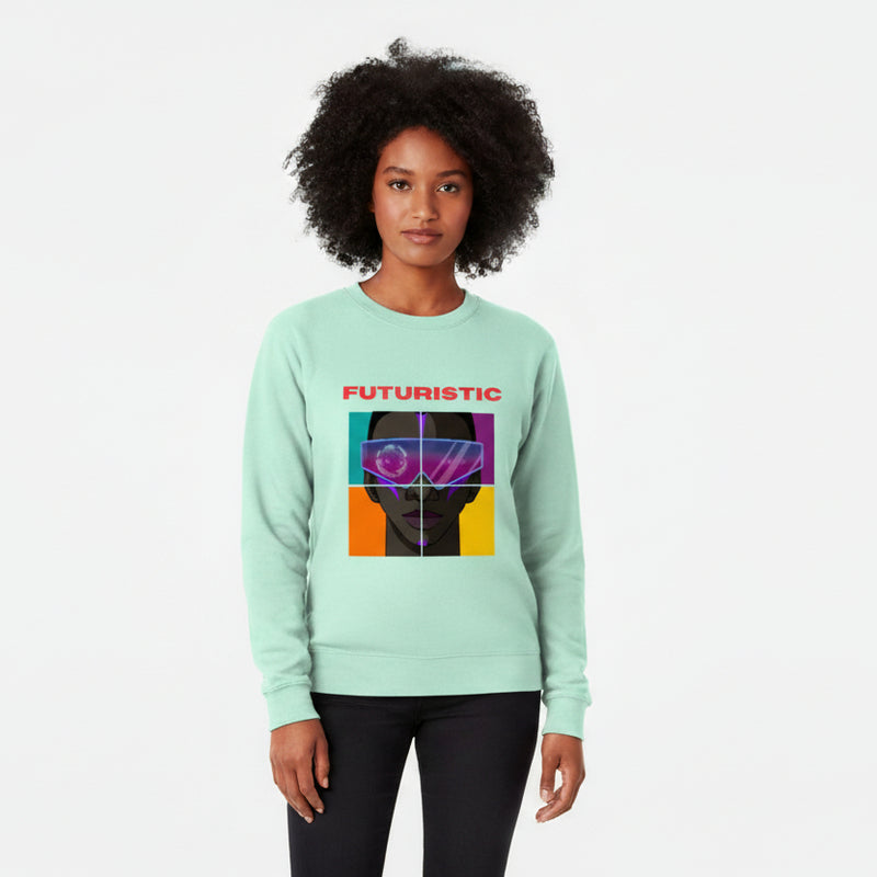 Mint green sweatshirt with a graphic design and the word 'FUTURISTIC' on a white background