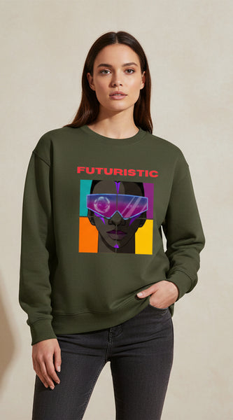 Green sweatshirt with a graphic of a person wearing goggles and the word 'FUTURISTIC' on a white background