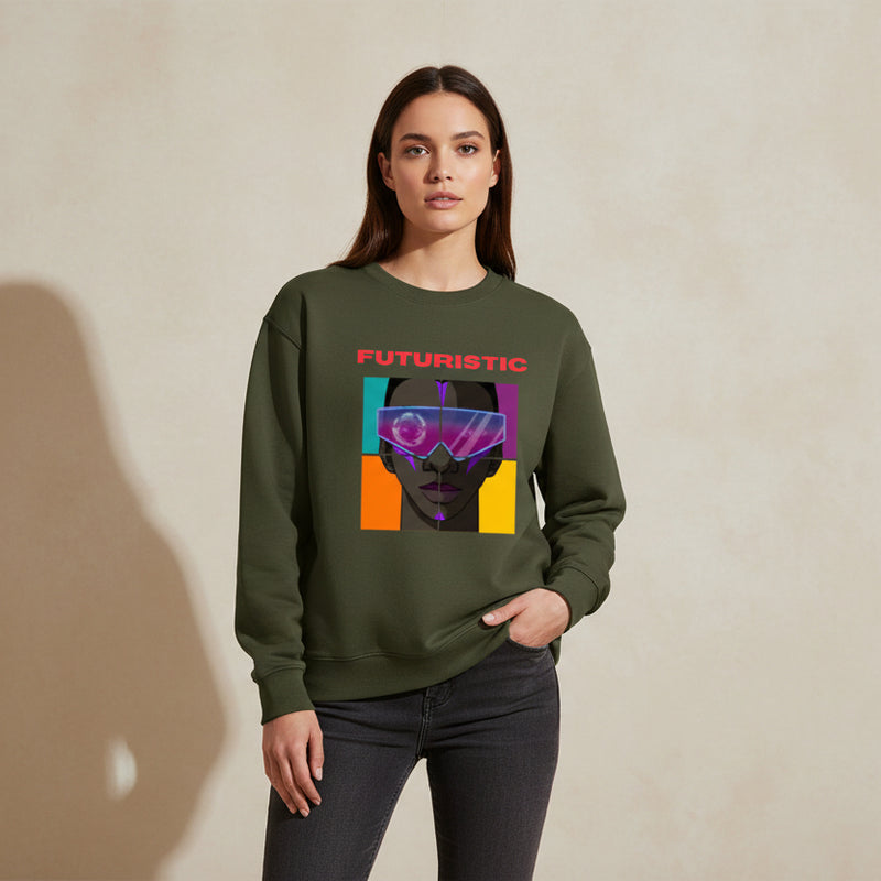Green sweatshirt with a graphic of a person wearing goggles and the word 'FUTURISTIC' on a white background