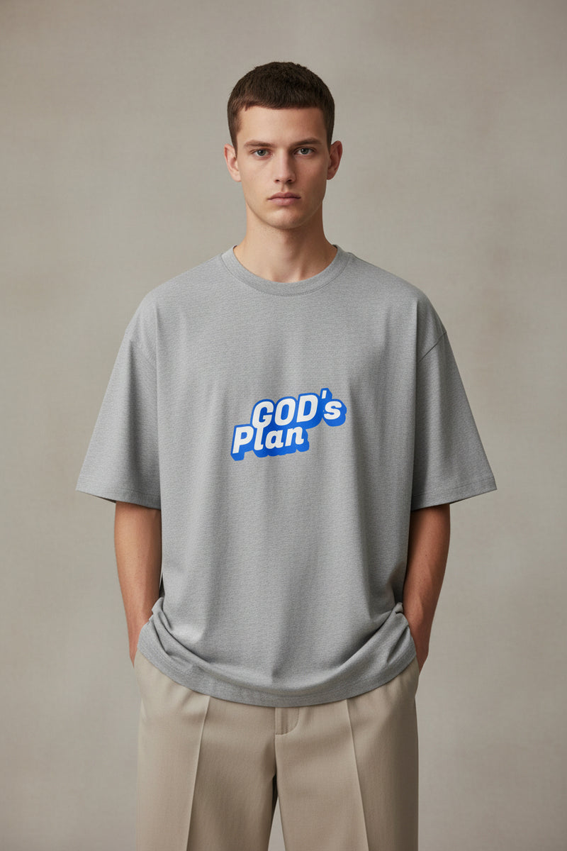 Gray t-shirt with 'GOD's Plan' text in blue on a white background