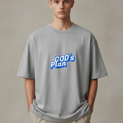 Gray t-shirt with 'GOD's Plan' text in blue on a white background
