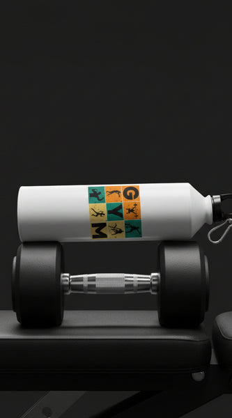 White water bottle with gym-themed design on a table with a greenery background
