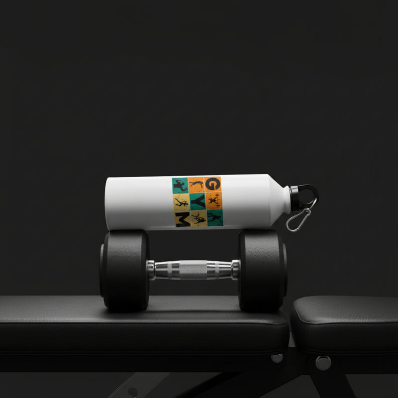 White water bottle with gym-themed design on a table with a greenery background