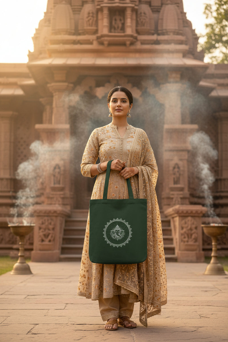 Bottle Green tote bag with a colorful mandala design held by a hand against a gray background