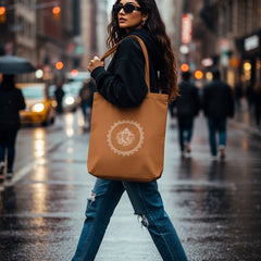 Brown tote bag with a white design held by a person against a gray background