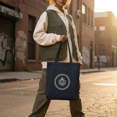 Navy tote bag with a colorful mandala design held by a person against a gray concrete wall.