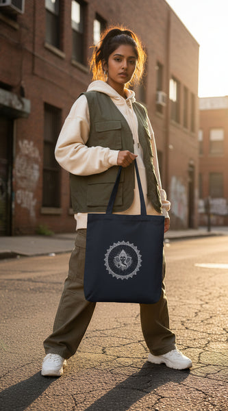 Navy tote bag with a colorful mandala design held by a person against a gray concrete wall.