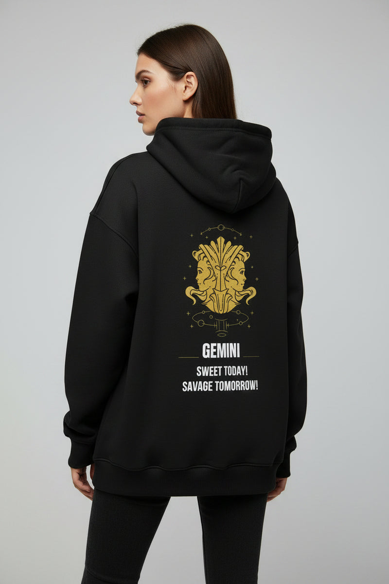 Black hoodie with yellow and white graphic design on the back, featuring the word 'Gemini'.