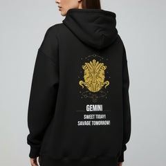 Black hoodie with yellow and white graphic design on the back, featuring the word 'Gemini'.