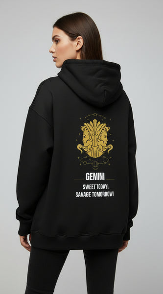 Black hoodie with yellow and white graphic design on the back, featuring the word 'Gemini'.