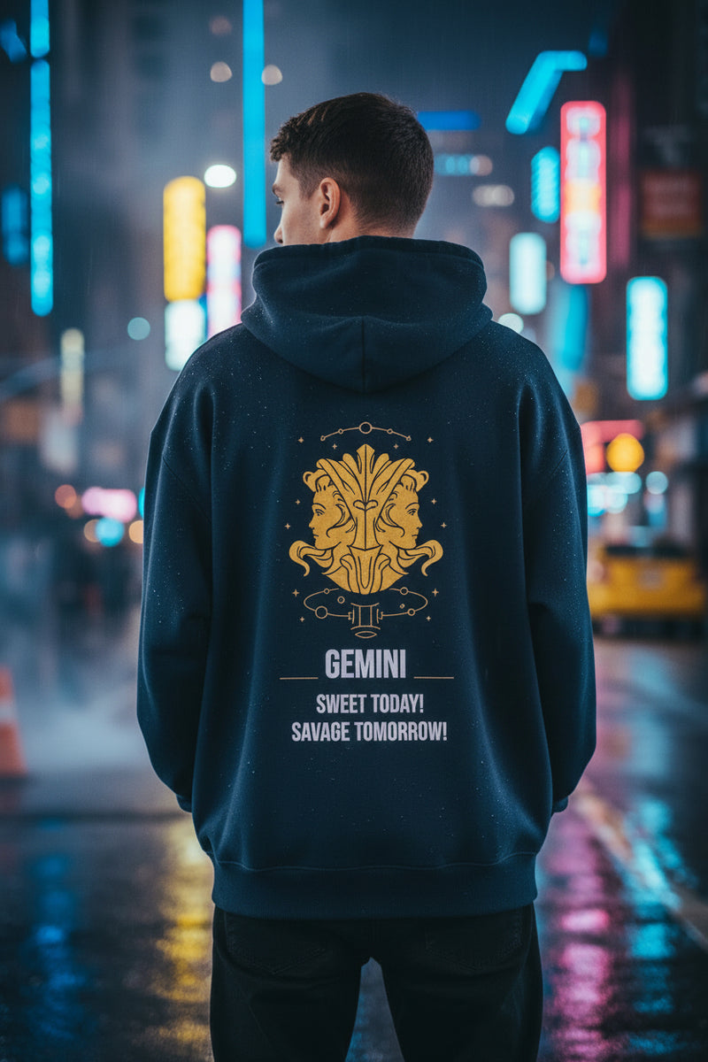 Black hoodie with yellow astrological design and text on the back against a white background