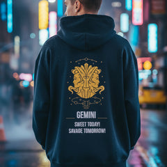 Black hoodie with yellow astrological design and text on the back against a white background