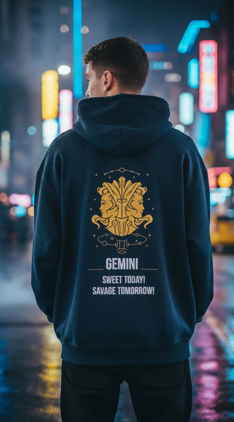 Black hoodie with yellow astrological design and text on the back against a white background