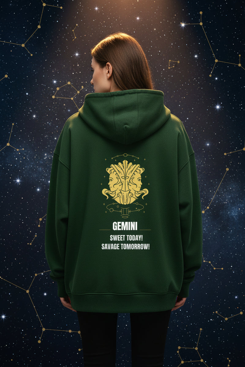 Green hoodie with gold and white design on the back