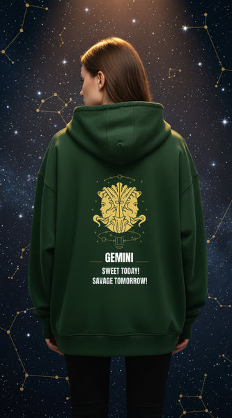 Green hoodie with gold and white design on the back