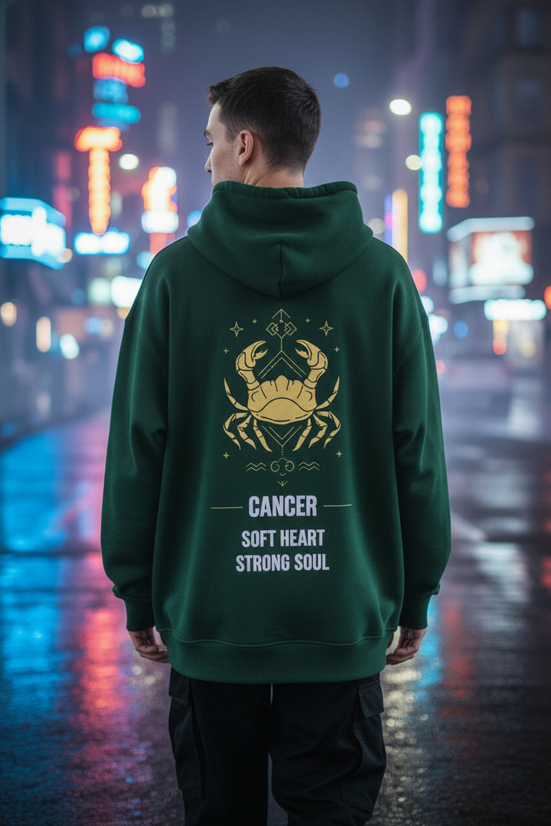 Green hoodie with a crab design and text on the back against a white background