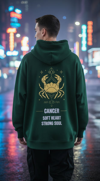 Green hoodie with a crab design and text on the back against a white background