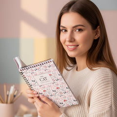 Notebook with cat-themed cover and stationery items on a wooden surface