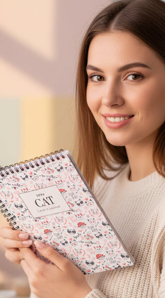 Notebook with cat-themed cover and stationery items on a wooden surface